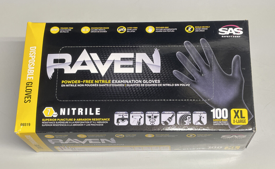 SAS Safety X-LARGE 66519 Raven Powder-Free Disposable Black Nitrile 6 Mil Gloves