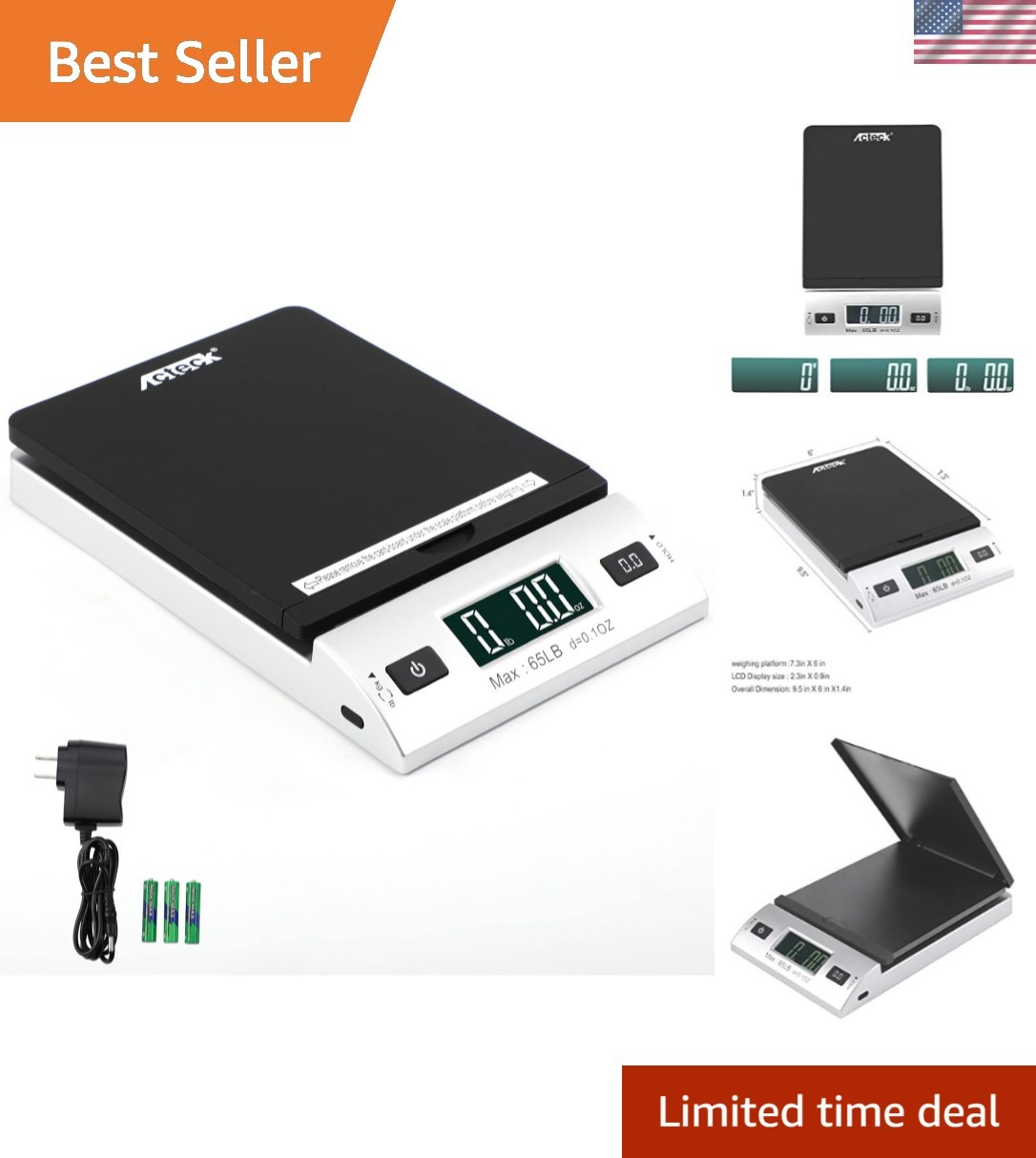 65LBx0.1OZ Digital Shipping Postal Scale w/ Batteries & AC Adapter, Black Silver