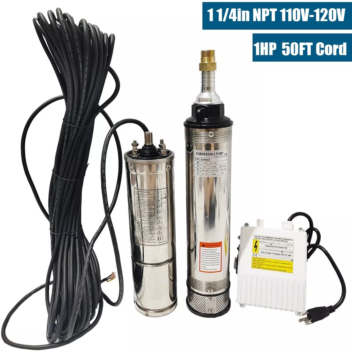 1HP 4″ Deep Well Submersible Pump 220V 33GPM 257FT Max 50FT Cord Stainless Steel
