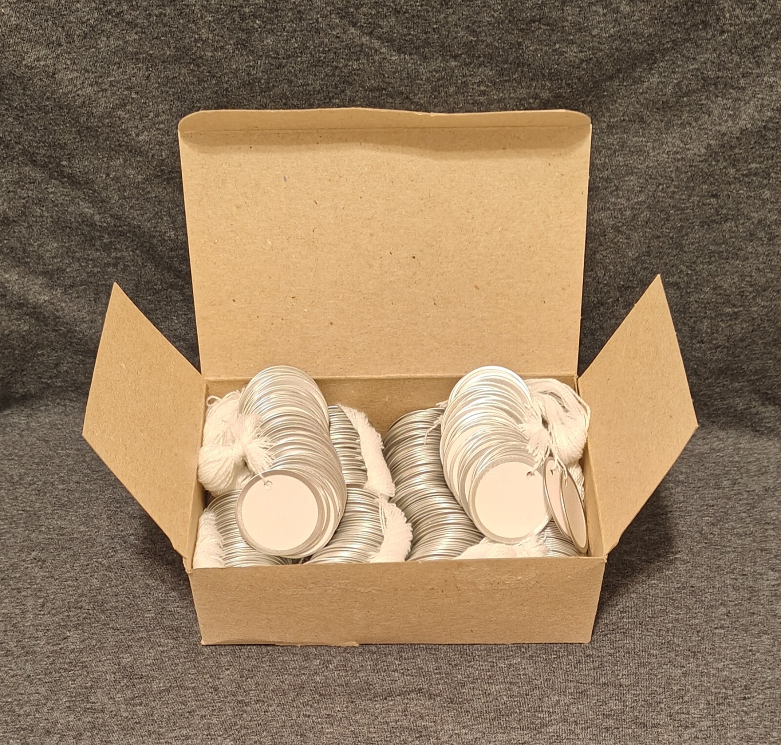 Metal Rim Tags, Key Tags round Blank Paper Tags, Knotted Strings Attached.