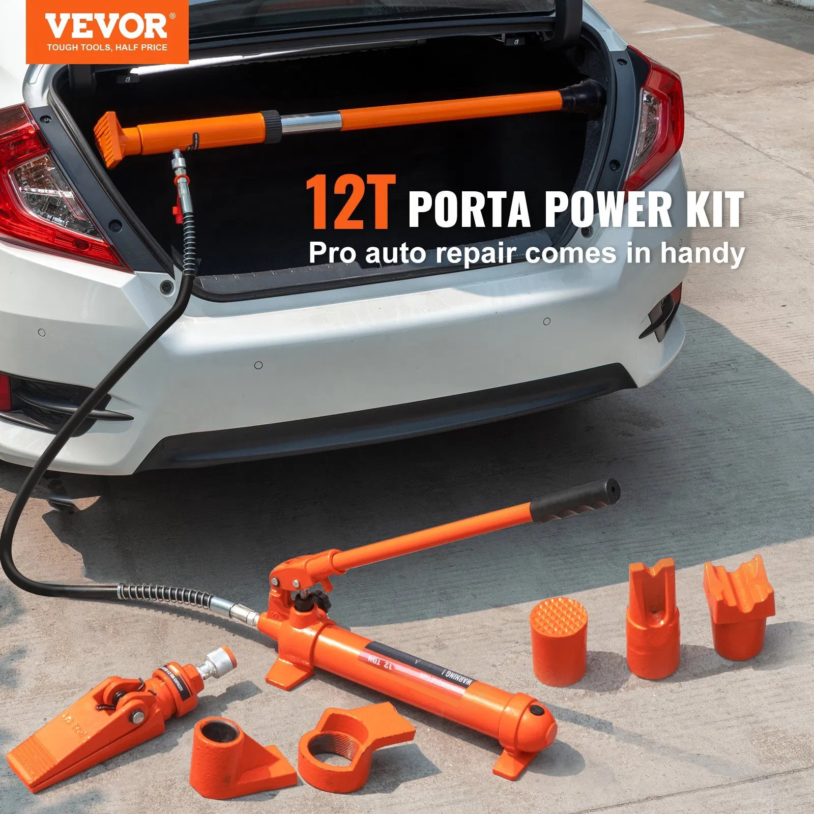 12 Ton Porta Power Kit, Portable Hydraulic Jack with 4.6 ft/1.4 m Oil Hose, Auto