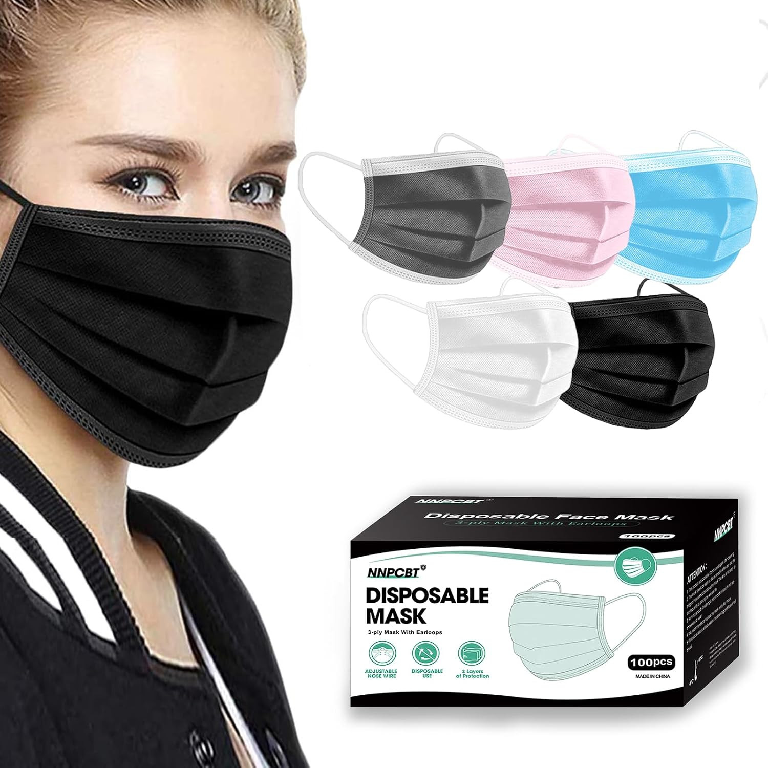 NNPCBT 100PCS 3 Ply Black Disposable Face Mask Filter Protection Face Masks