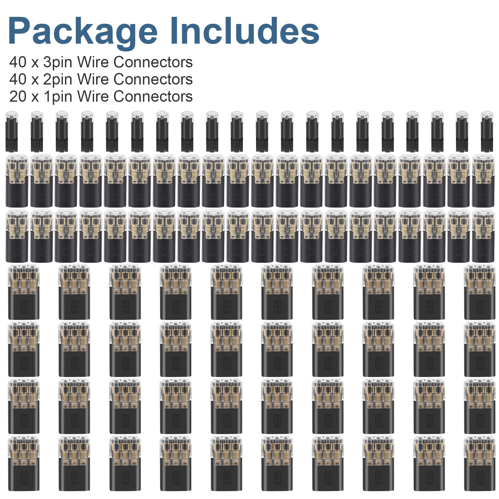 100PCS 1/2/3 Pin Plug-In Quick Wire Connectors Kit Reusable Clamp Terminal Block