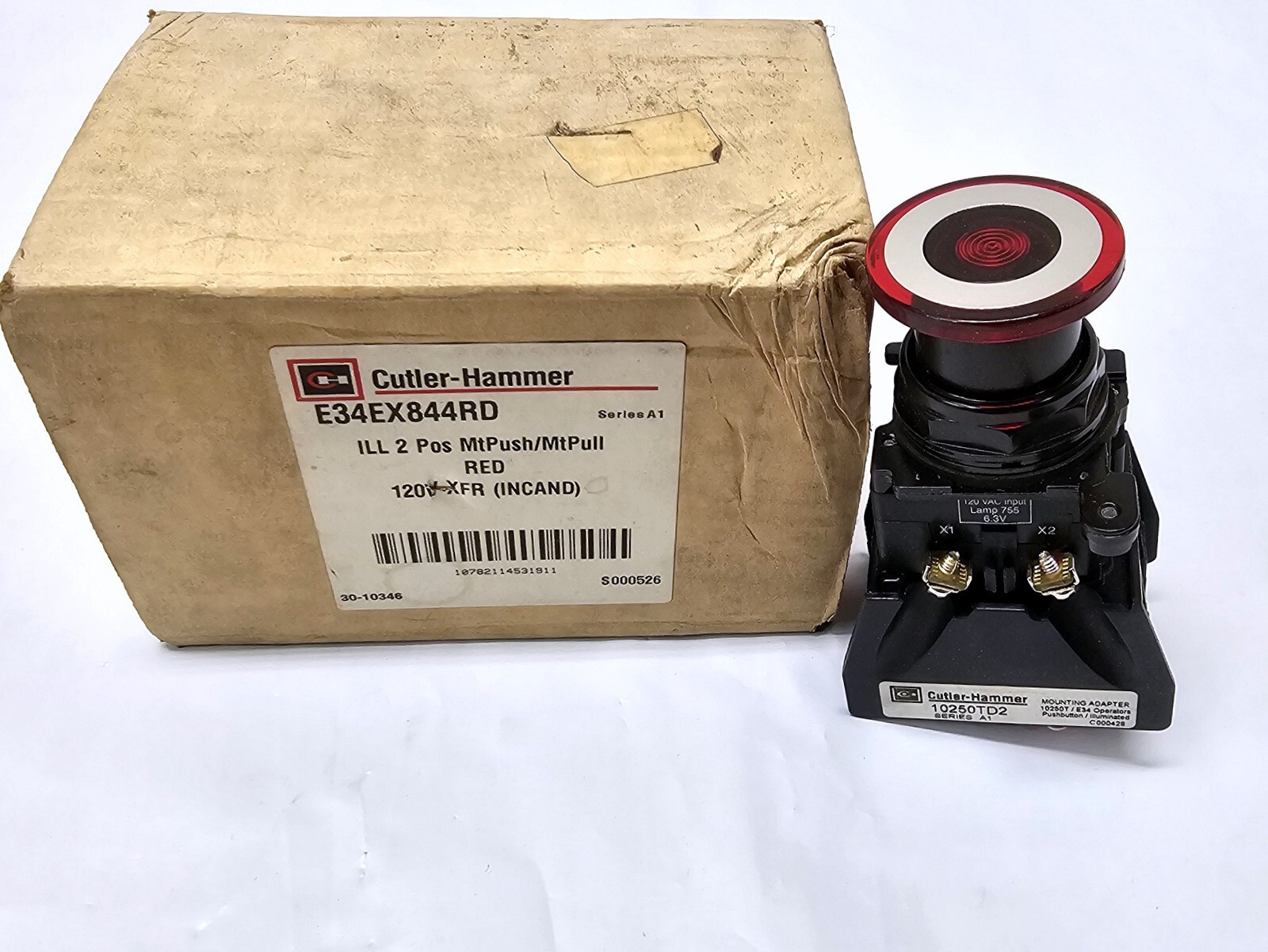 NEW Eaton E34EX844RD Red Illuminated Maintained Push Pull 2 Position w/ Trans