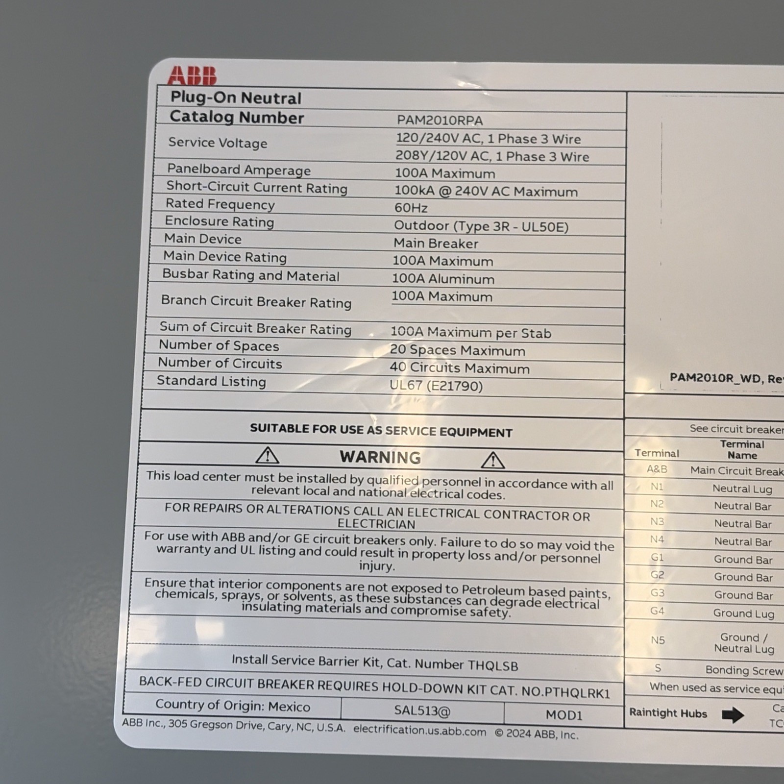 ABB 100 Amp 20/40 Main Breaker Outdoor Plug On Neutral Load Center Value Pack