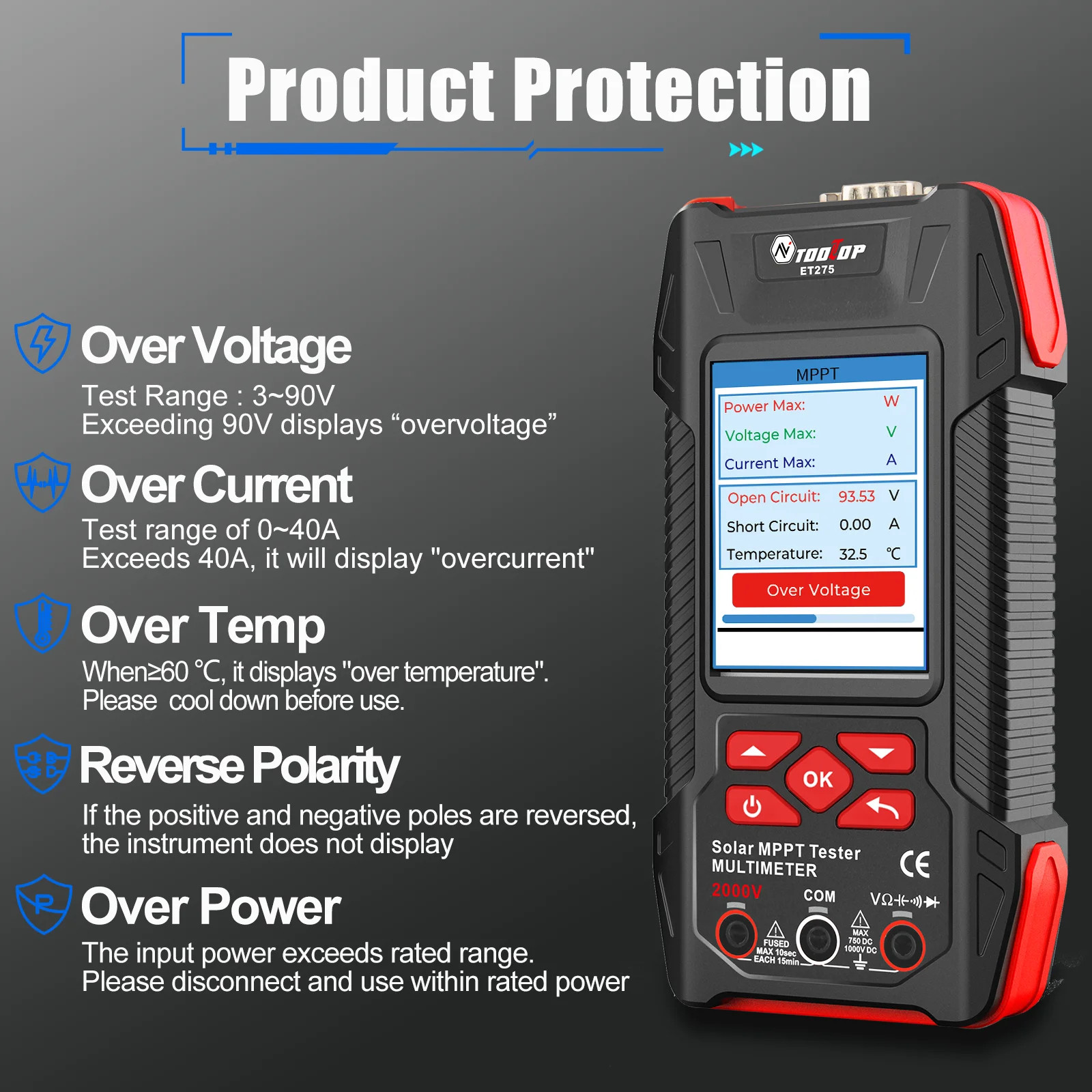 TOOLTOP 2000W Solar MPPT Power Tester Multimeter Pmax Voc Isc PV Meter