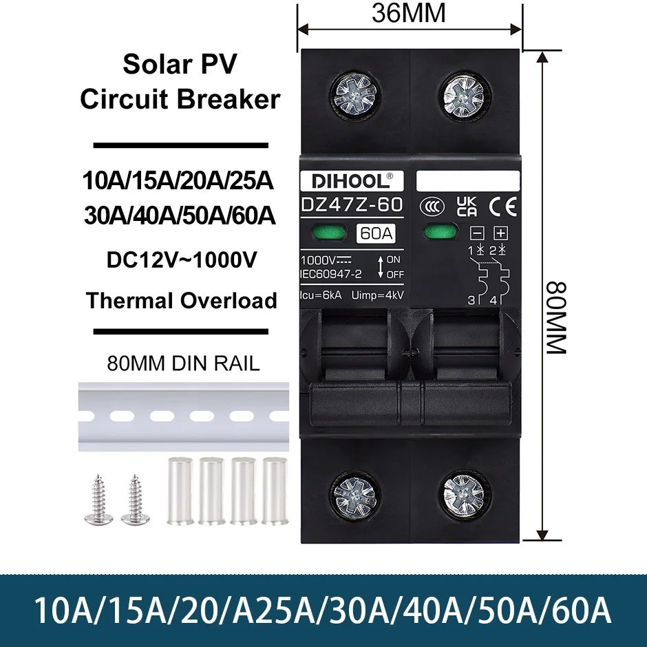 DIHOOL 30 Amp Circuit Breaker DIN Rail Mount Solar 2P DC1000V, 30
