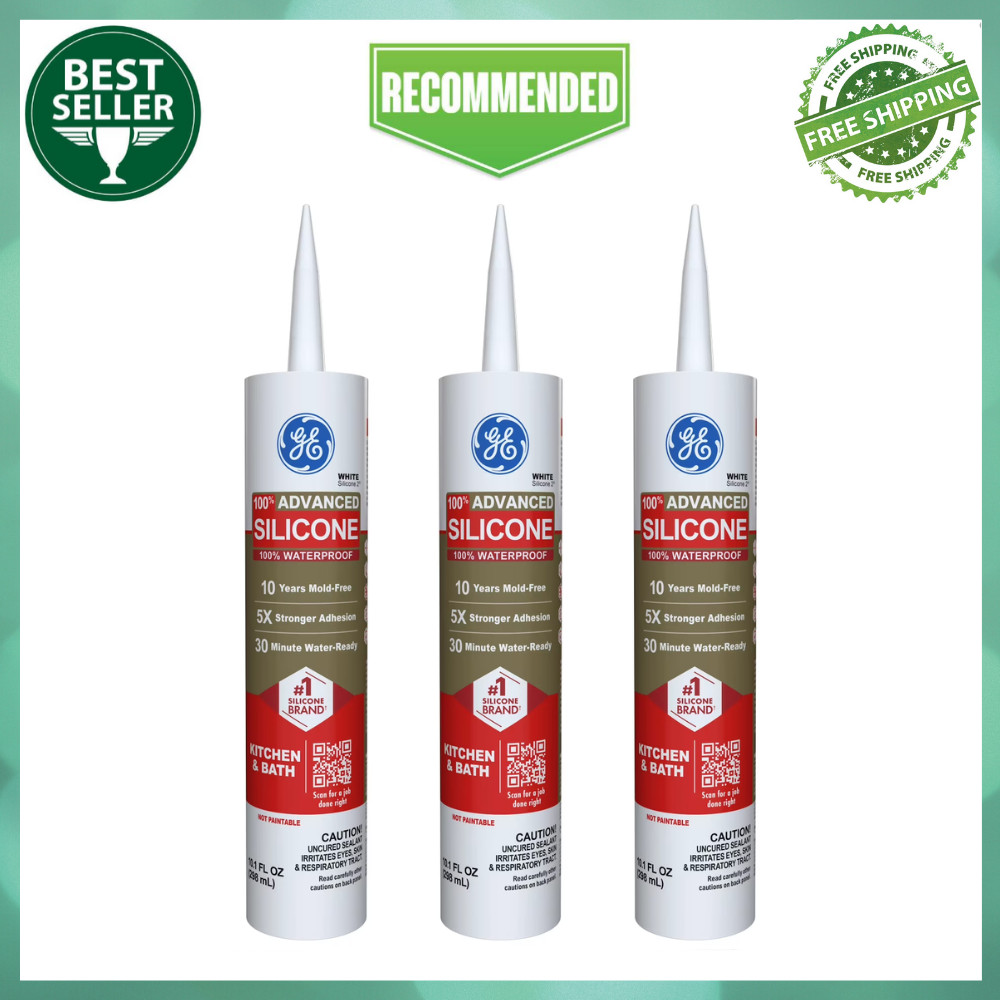 3 Pack GE Advanced Silicone Kitchen & Bath Sealant, White 10.1 fl oz Cartridge