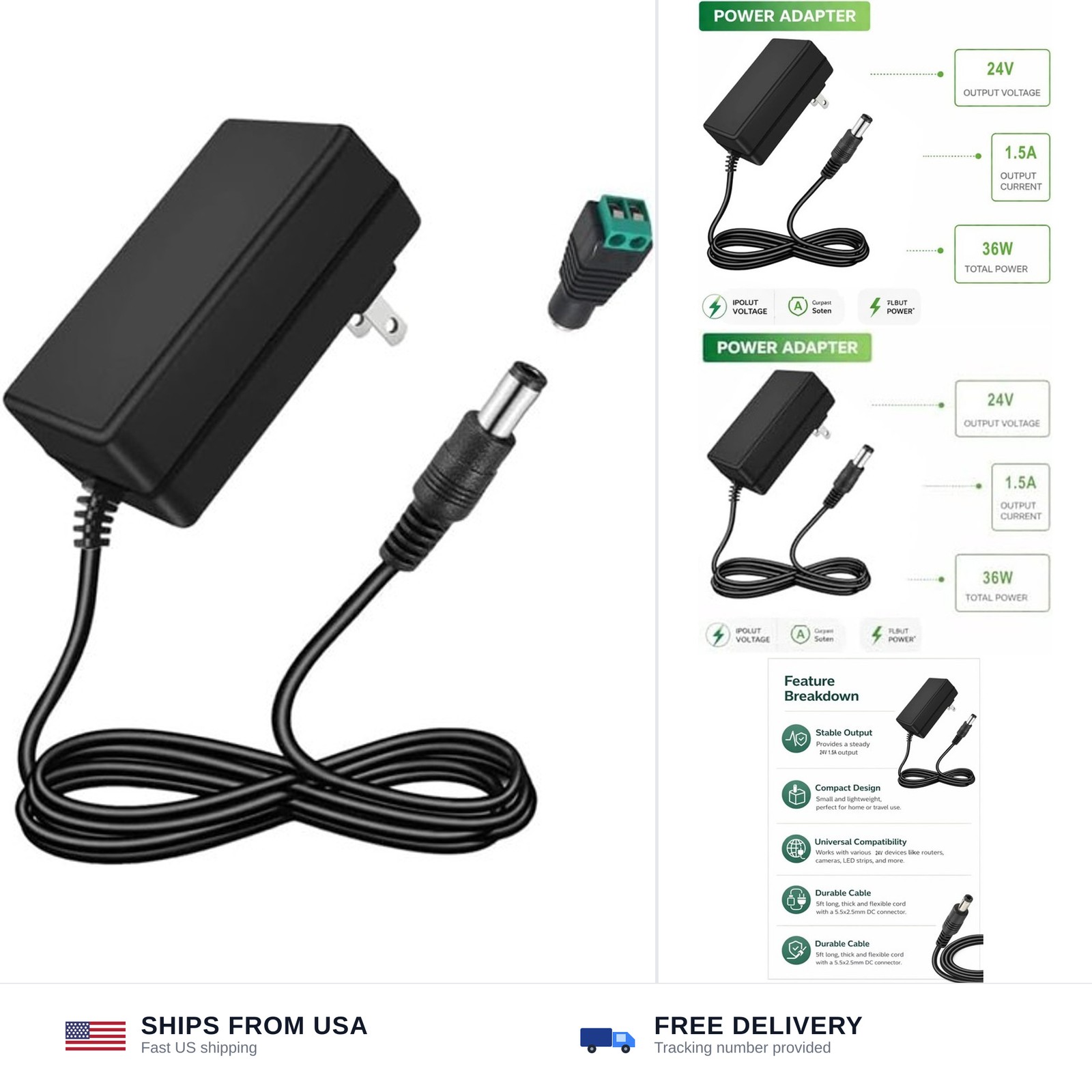 24V 1.5A Power Supply AC Adapter, 100-240V 50-60Hz to DC 24V 1.5A Switching C…