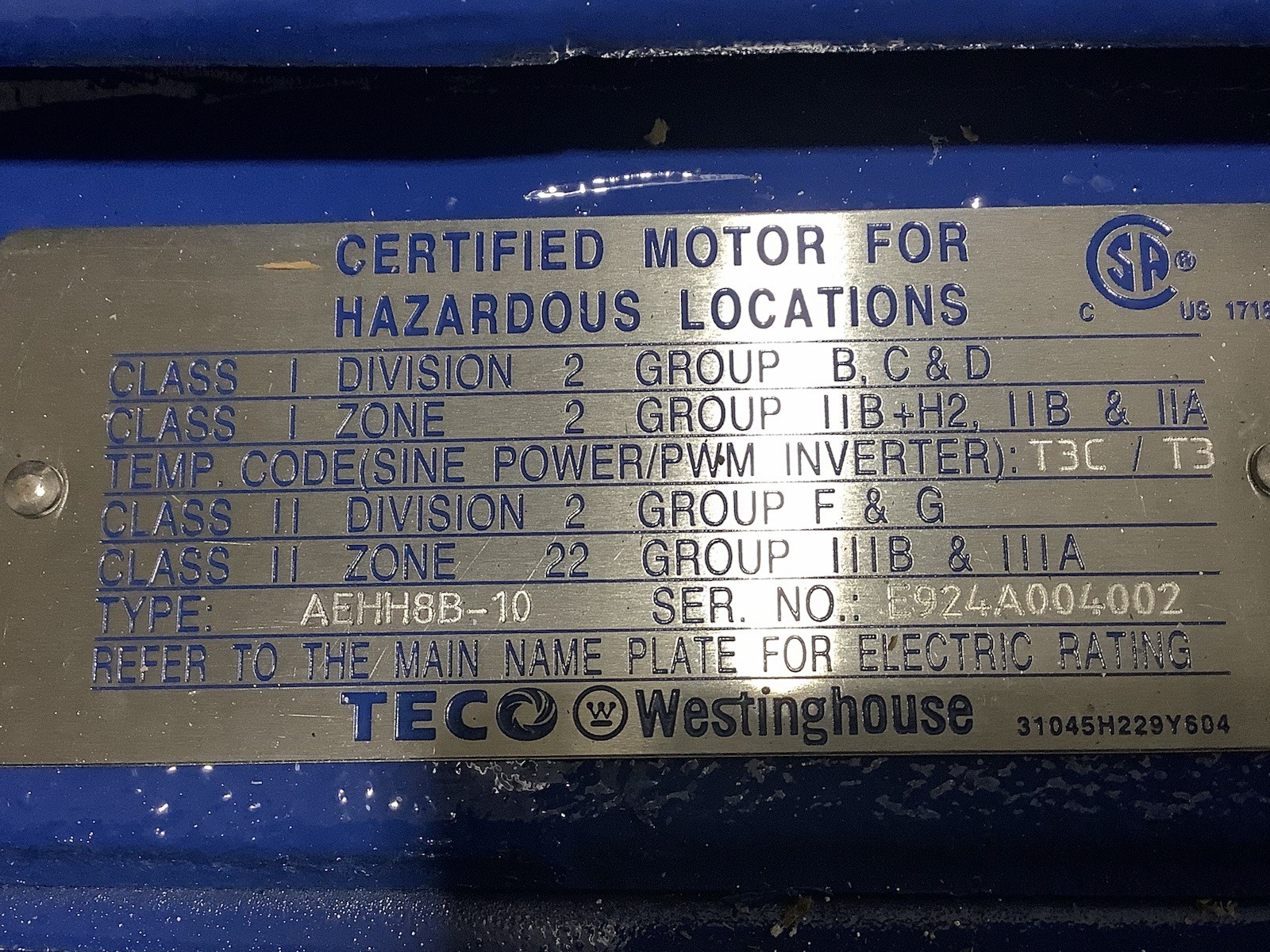 TECO AEHH8B-10 HB1006 AC Motor 100 Hp 460 V 1200 Rpm 3 Ph 60 Hz TEFC Max-E2/841