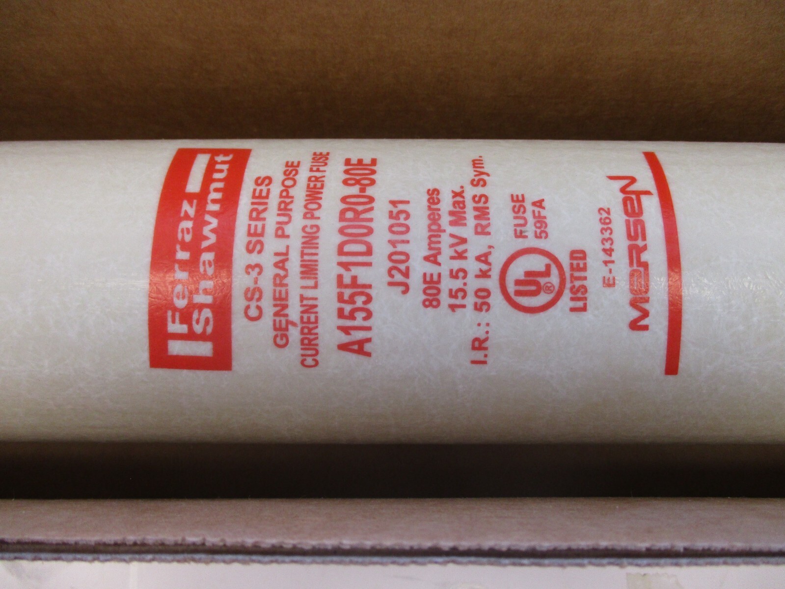 MERSEN FERRAZ SHAWMUT FUSE P/N: A155F1D0R0-80E 15.5 KV 80E AMP INDOOR/OUTDOOR