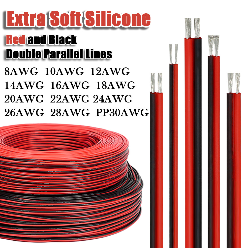 Twin 2 Core Tinned Copper Cable Wire Flexible Silicone Wire Red&Black 30AWG~8AWG