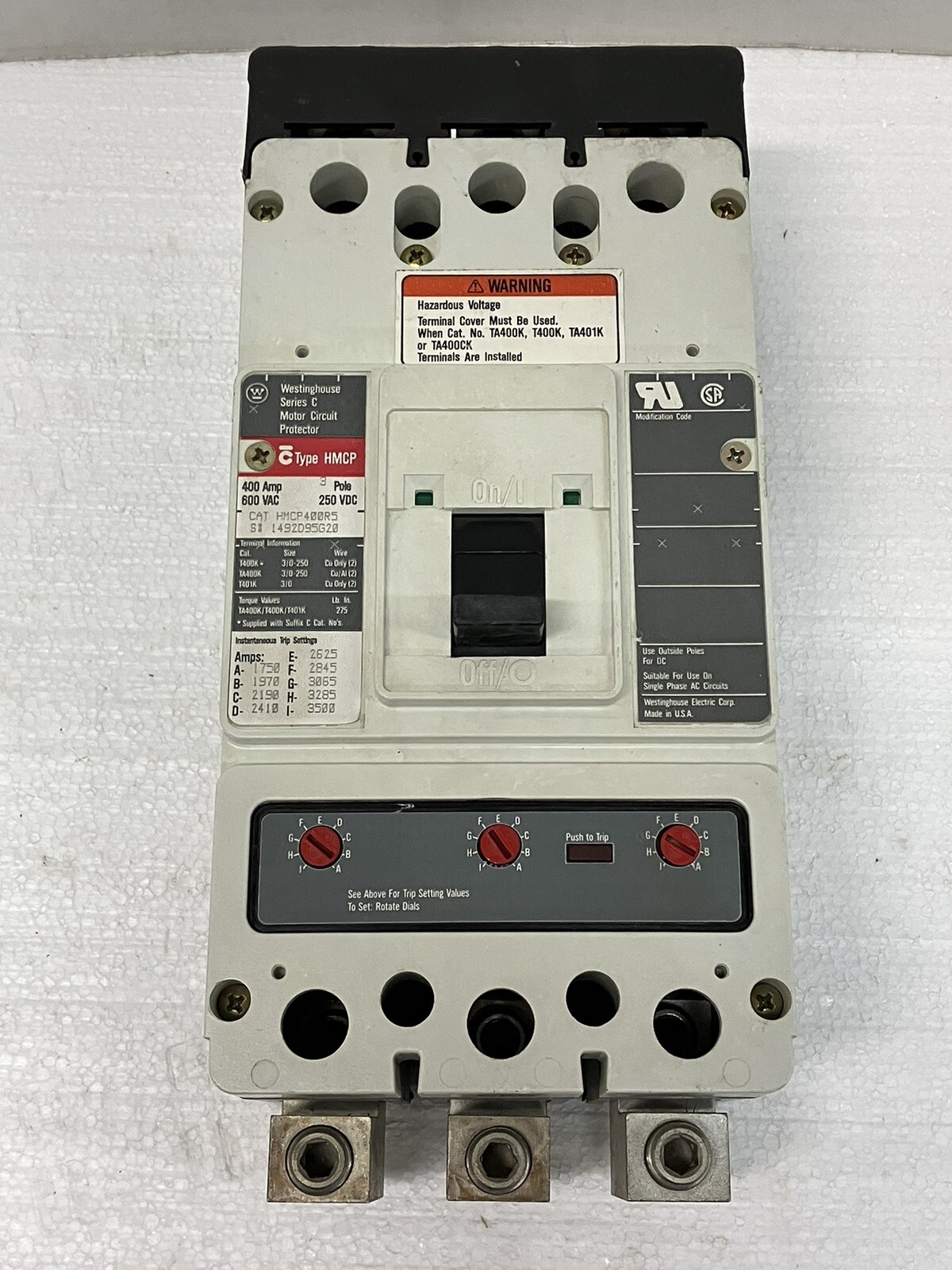 Westinghouse HMCP400R5 Circuit Breaker 400A 3 Pole 600VAC