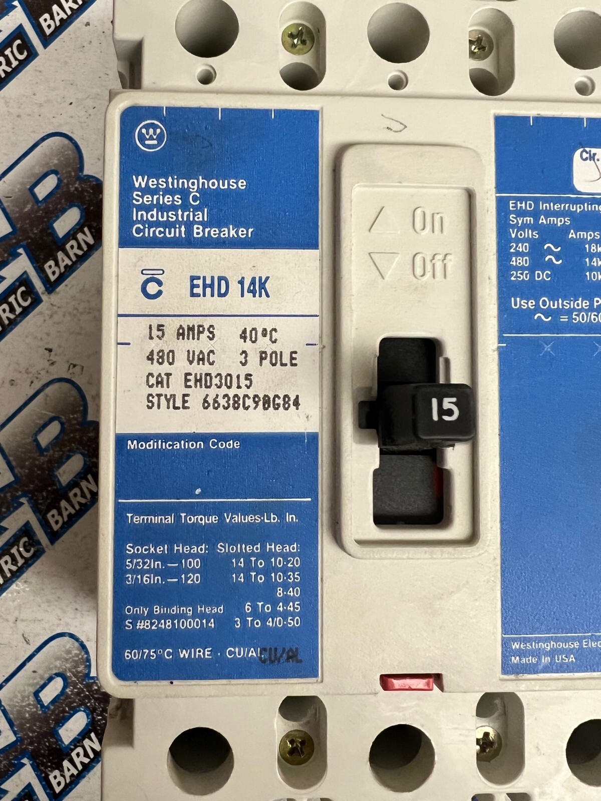 Westinghouse EHD3015, 15 Amp, 480 Volt, 3 Pole, Circuit Breaker- WARRANTY