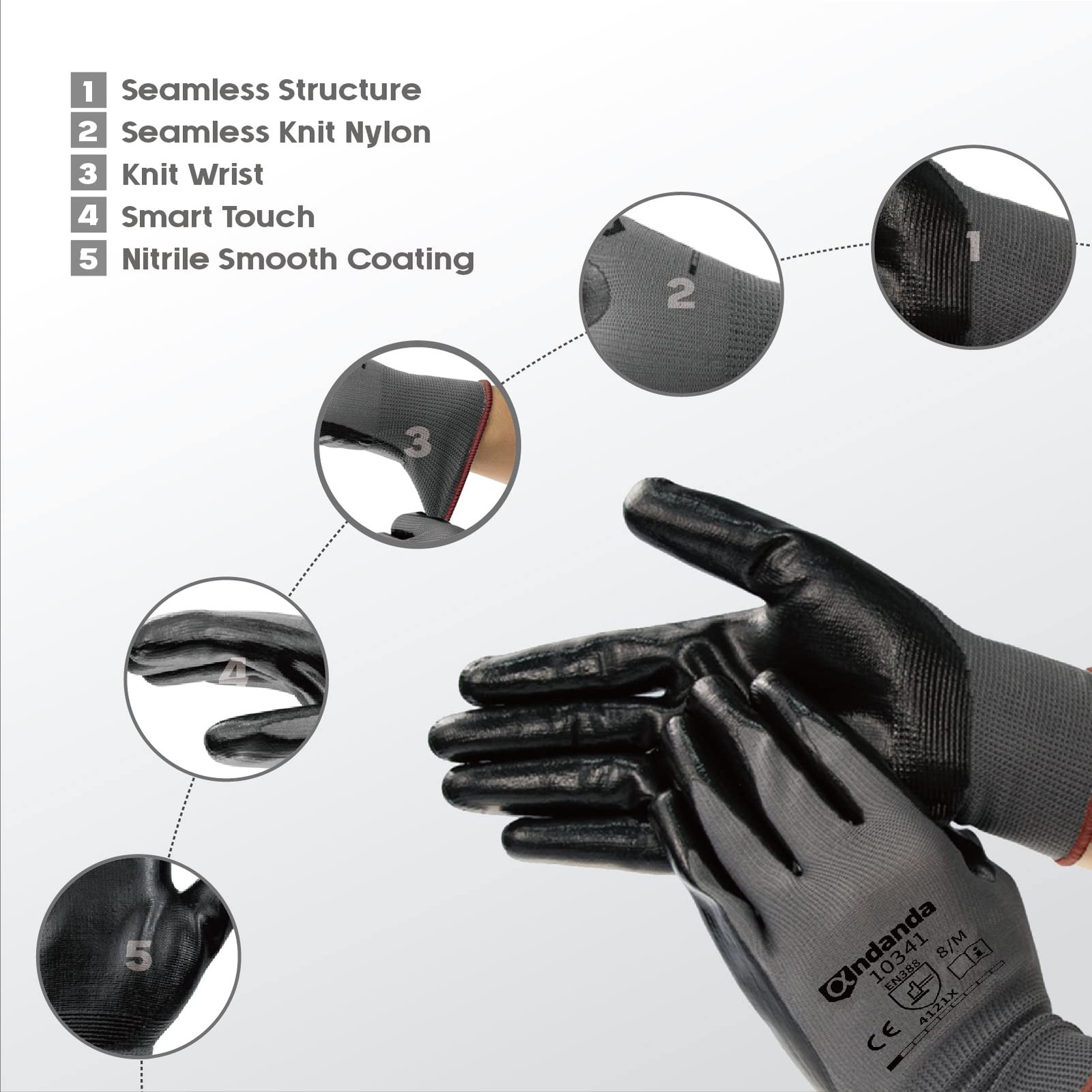 Smart Touch Work Gloves – 12 Pairs, 3D Comfort Stretch Fit, Nitrile Coated wi…