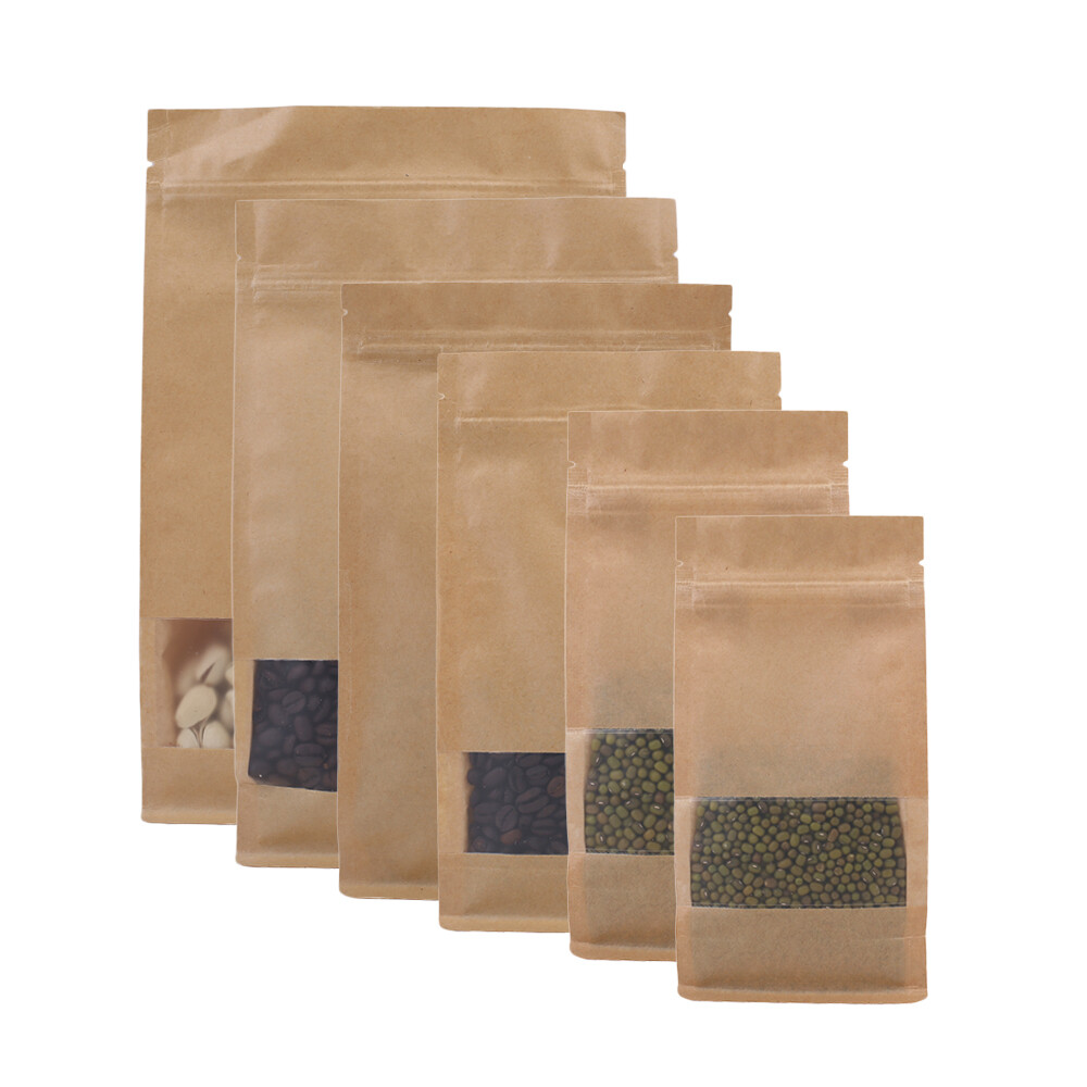 Brown Kraft Stand Up Zip Seal Bags w/Clear Window Side Gusset Multiple QTY Sizes