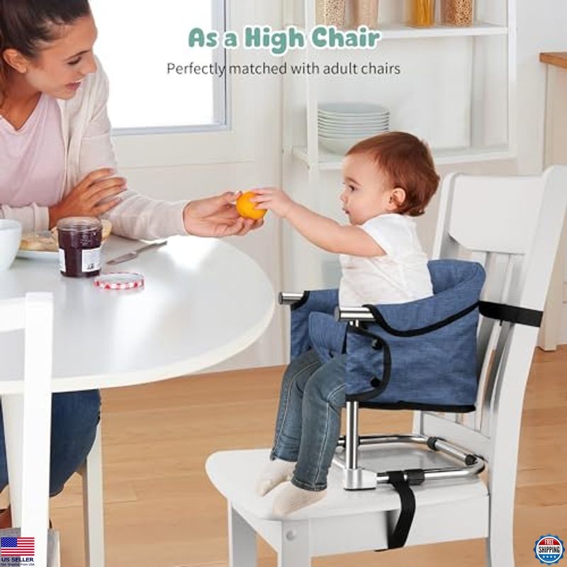 Navy Blue Portable Toddler Booster Seat – Adjustable Height, Safety Buckle,