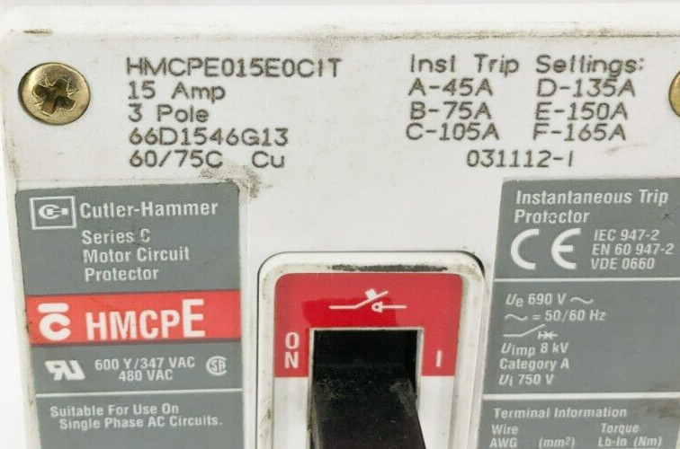 Cutler Hammer HMCPE015E0CIT Motor Circuit Protector Breaker 3P 480V 15A