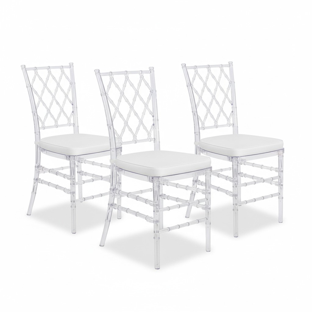 Set of 3 Acrylic Event Chair with Cushion for Wedding – No Assembly Required.