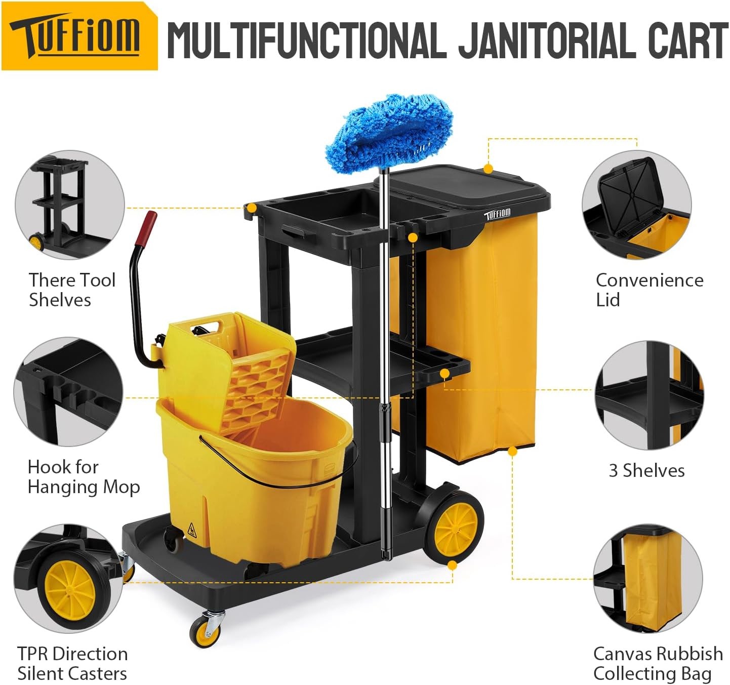 Traditional Cleaning 3-Shelf Janitorial Cart, 500 Lbs Capacity Housekeeping Cart