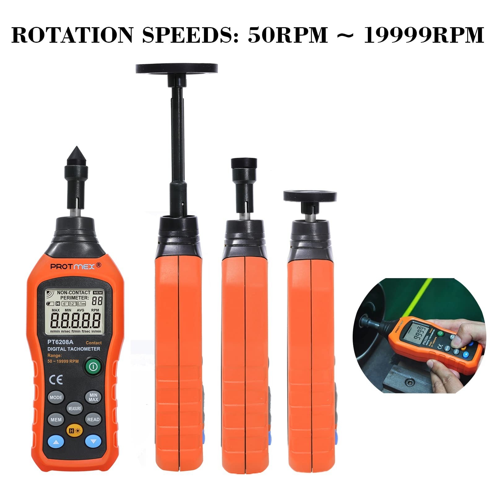 Digital Contact Tachometer 50-19999RPM Speed Meter | Data Logging, Max/Min/AVG,