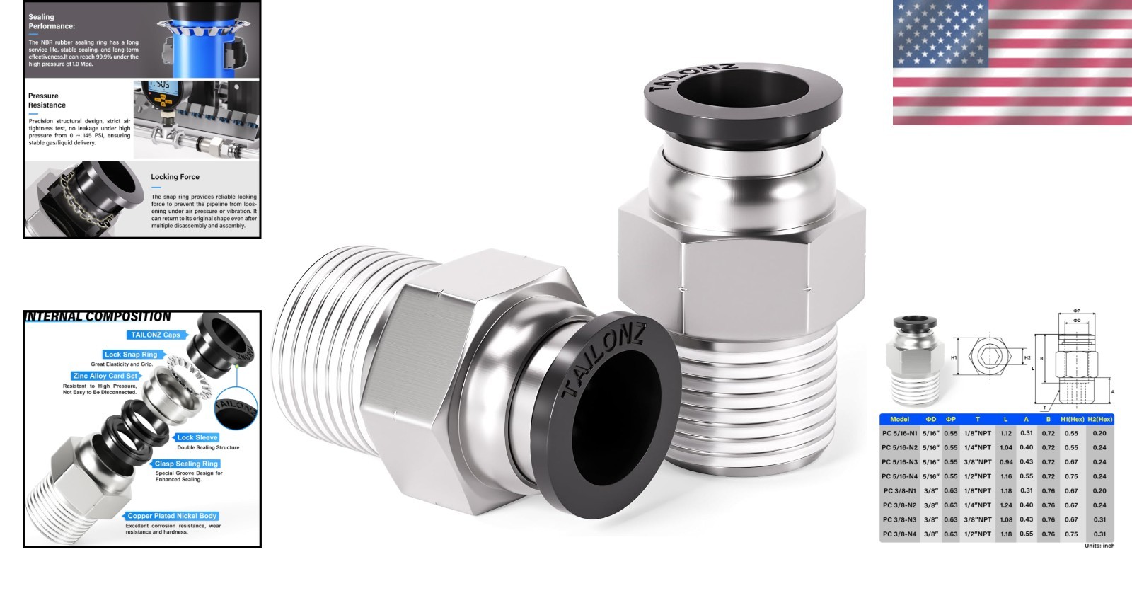 High-Pressure 3/8 Inch Tube Push-Connect Fittings, Copper & Plastic, Pack of 2