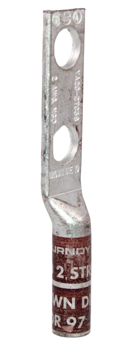 Burndy YA2C‑2TC38 Copper Compression Lug 2 AWG 2‑Hole 3/8″ Stud Tin‑Plated Hylug