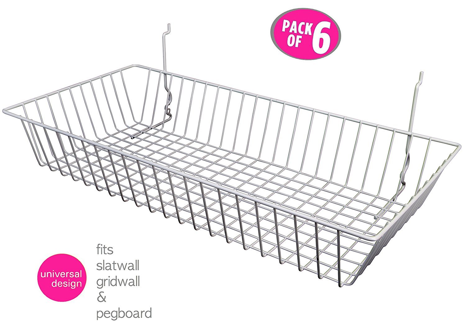 6 pcs – 24″ x 12″ x 4″ Baskets for Gridwall/Slatwall/Pegboard – WHITE