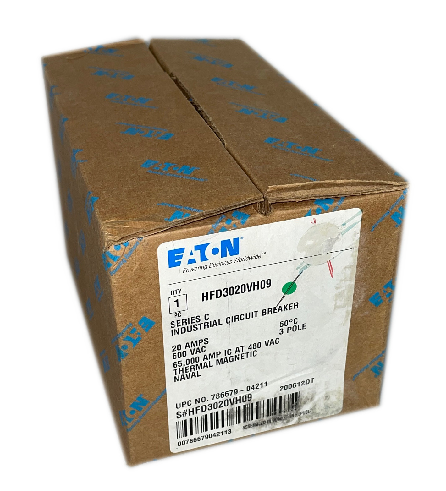 Eaton HFD3020VH09 Circuit Breaker, 20 Amp, 600Vac, 3-Pole, 50°C Rated, Naval