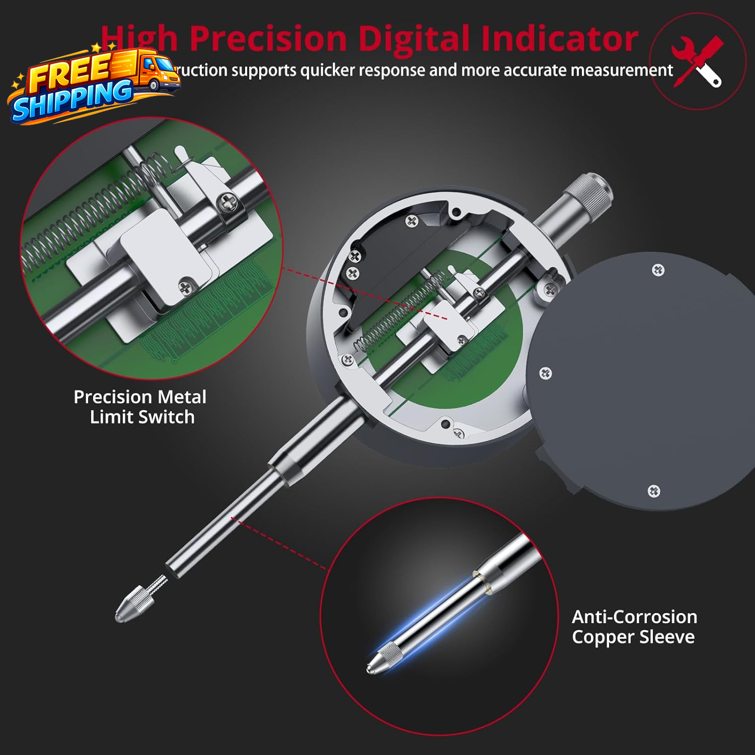 Digital Dial Indicator 1Inch/0.0005Inch LCD Display Electronic Dial Test