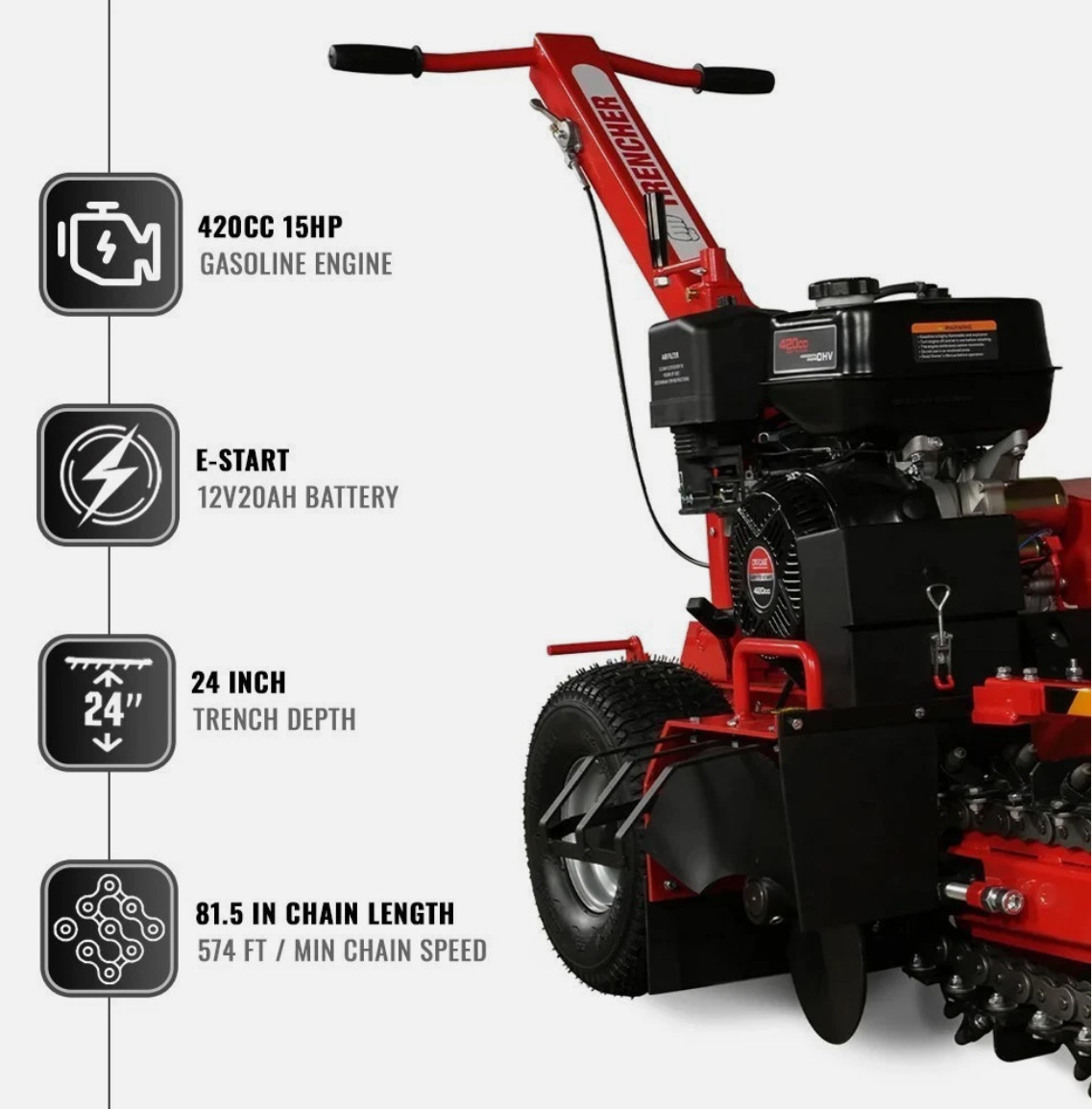 MechMaxx 420cc 15HP E-Start Trencher 24” Trench Depth/4” Trench Width, TCR1500