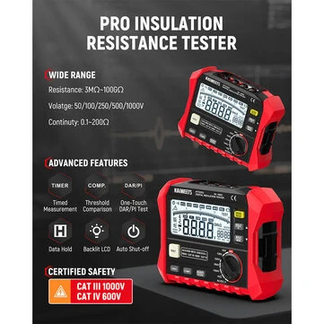 Kaiweets KE1000 Insulation Resistance Tester Megohmmeter Multimeter DAR PI 1000V