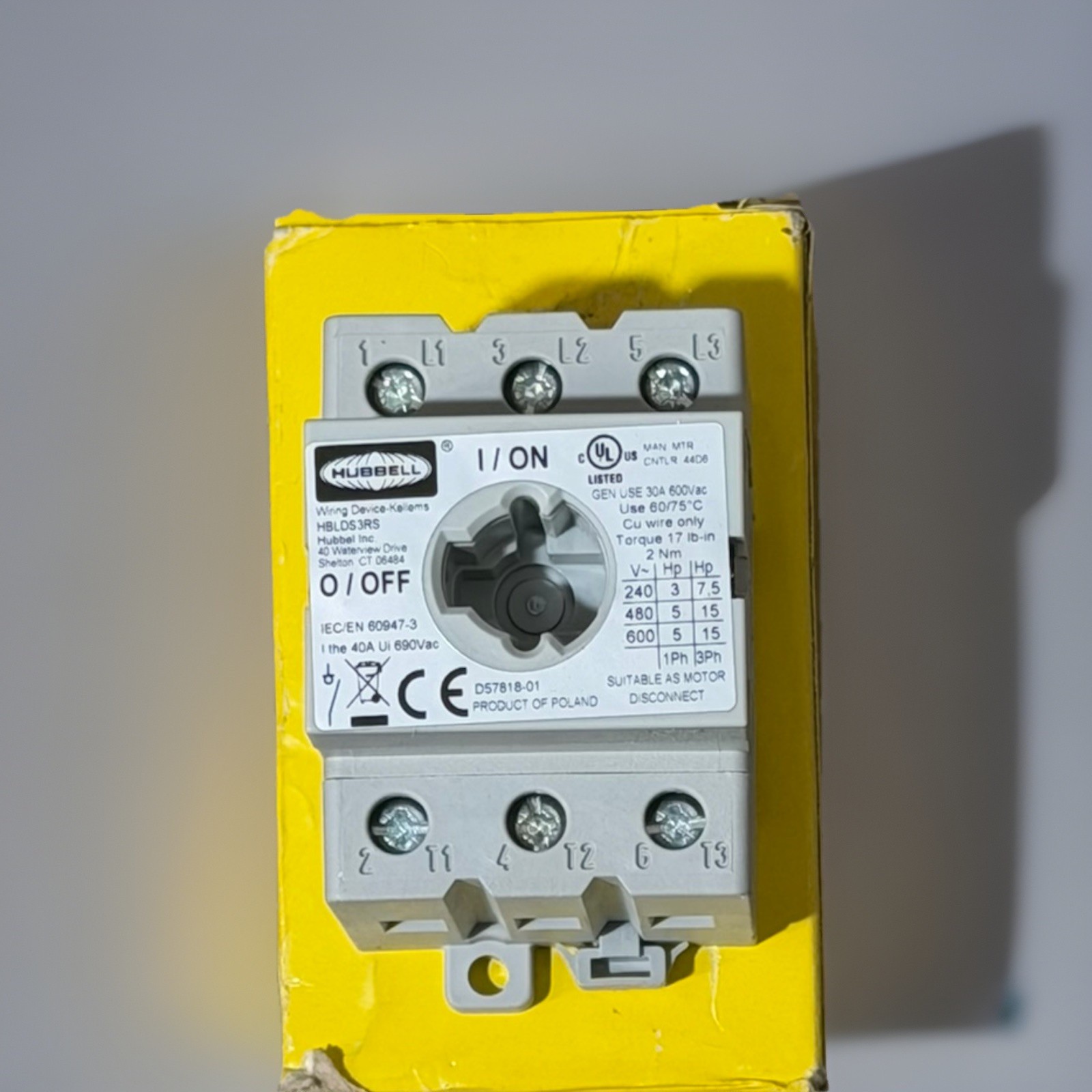 Hubbell HBLDS3RS Unfused Switch-Disconnector 3-Pole 30A 600VAC