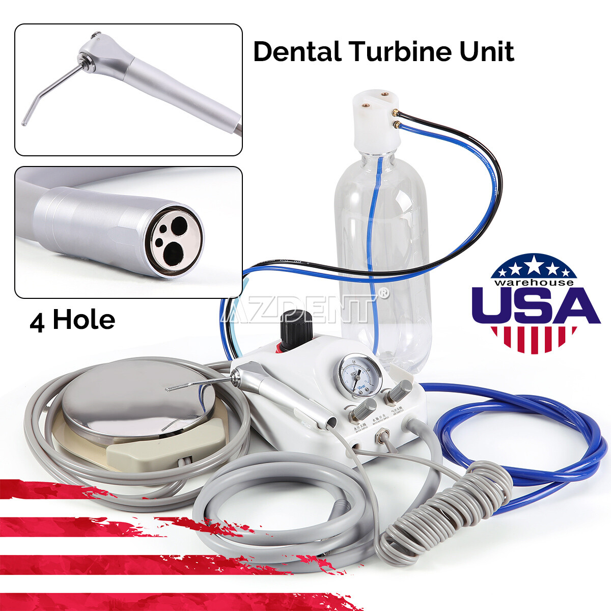 Portable Dental Turbine Unit 3 Way Syringe work with Air Compressor 2/4Holes USA