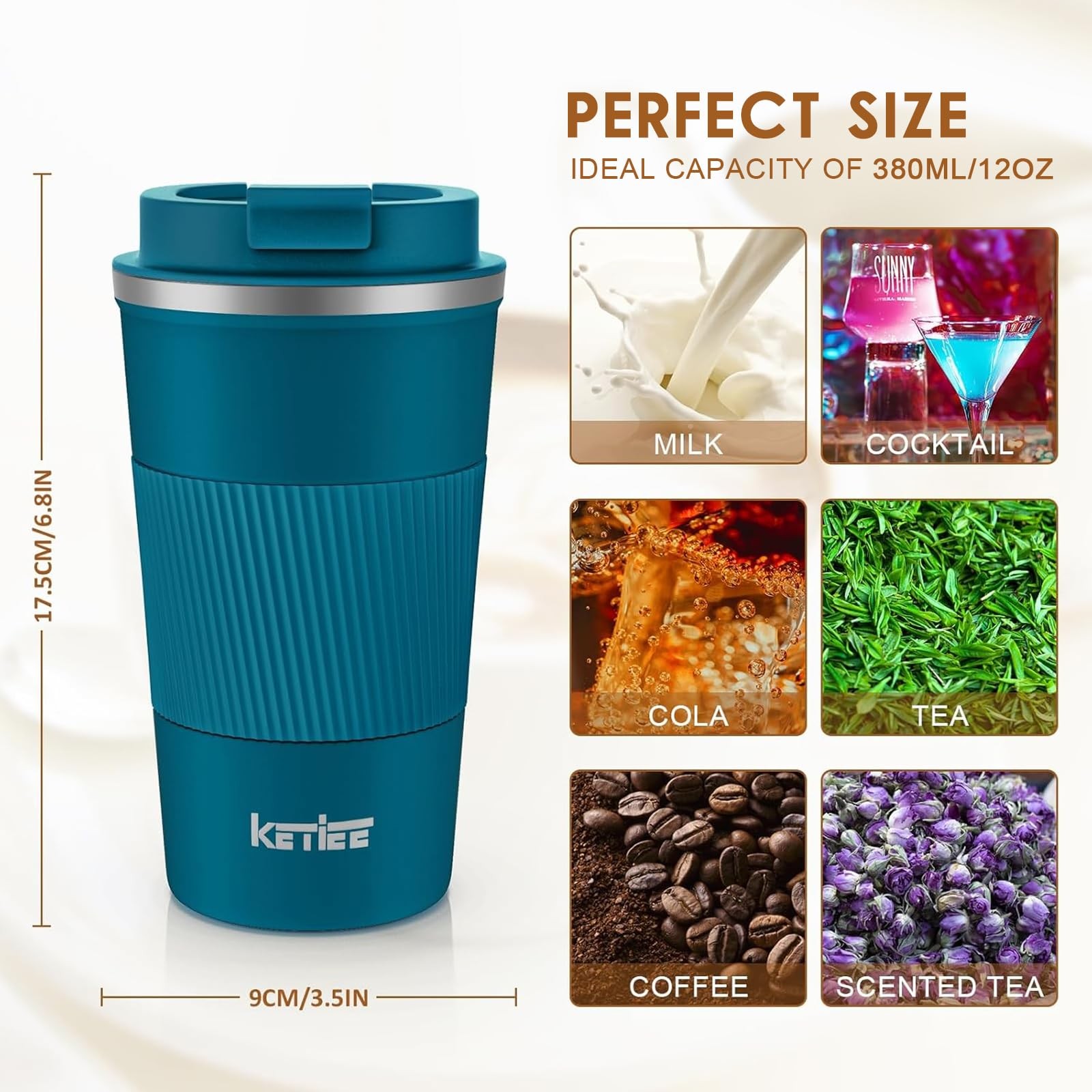 KETIEE Travel Coffee Mug 12oz: Insulated Cup 12.8 Ounces, G1-Blue-A