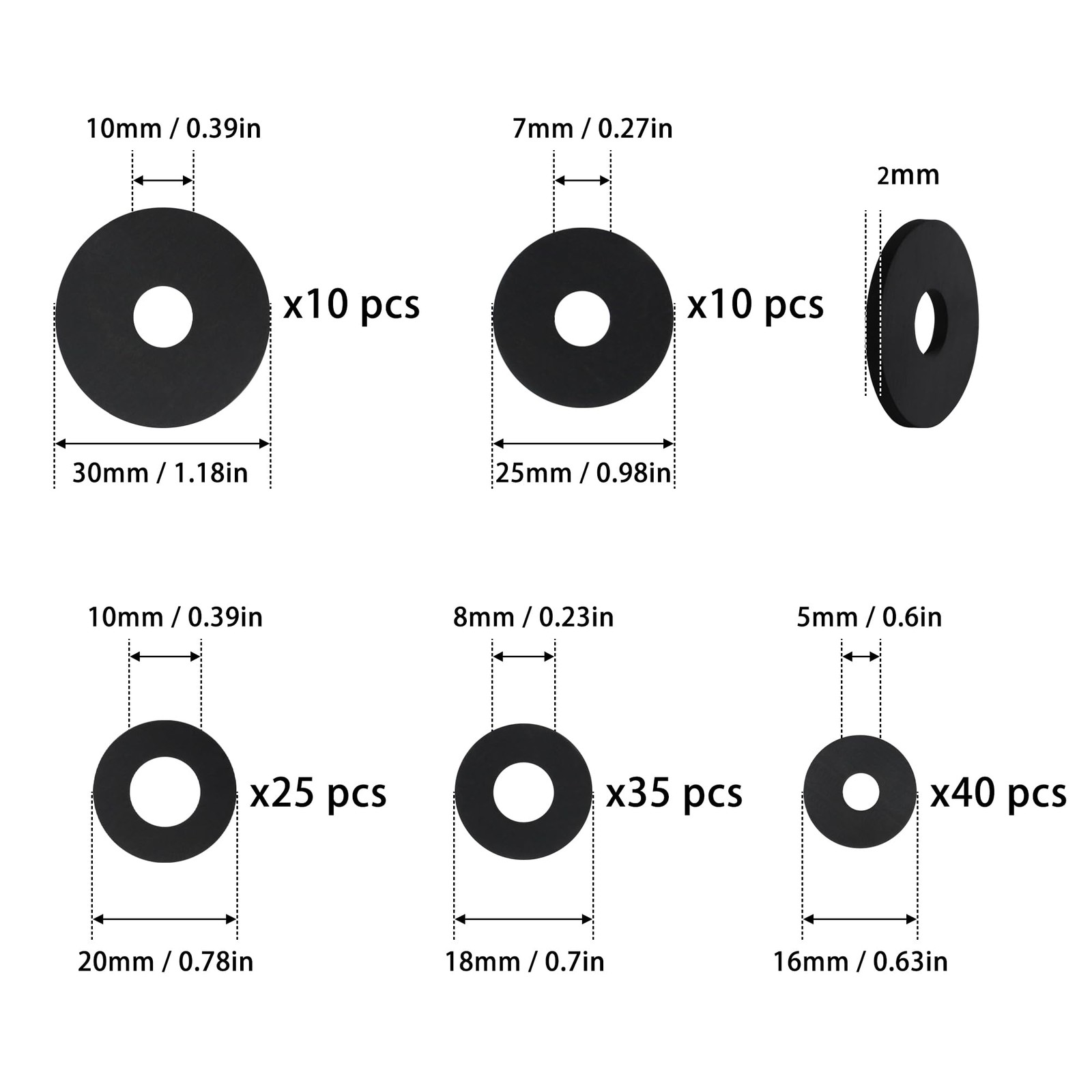 120Pcs Flat Rubber Washers Assortment Kit,16/18/20/25/30mm Black