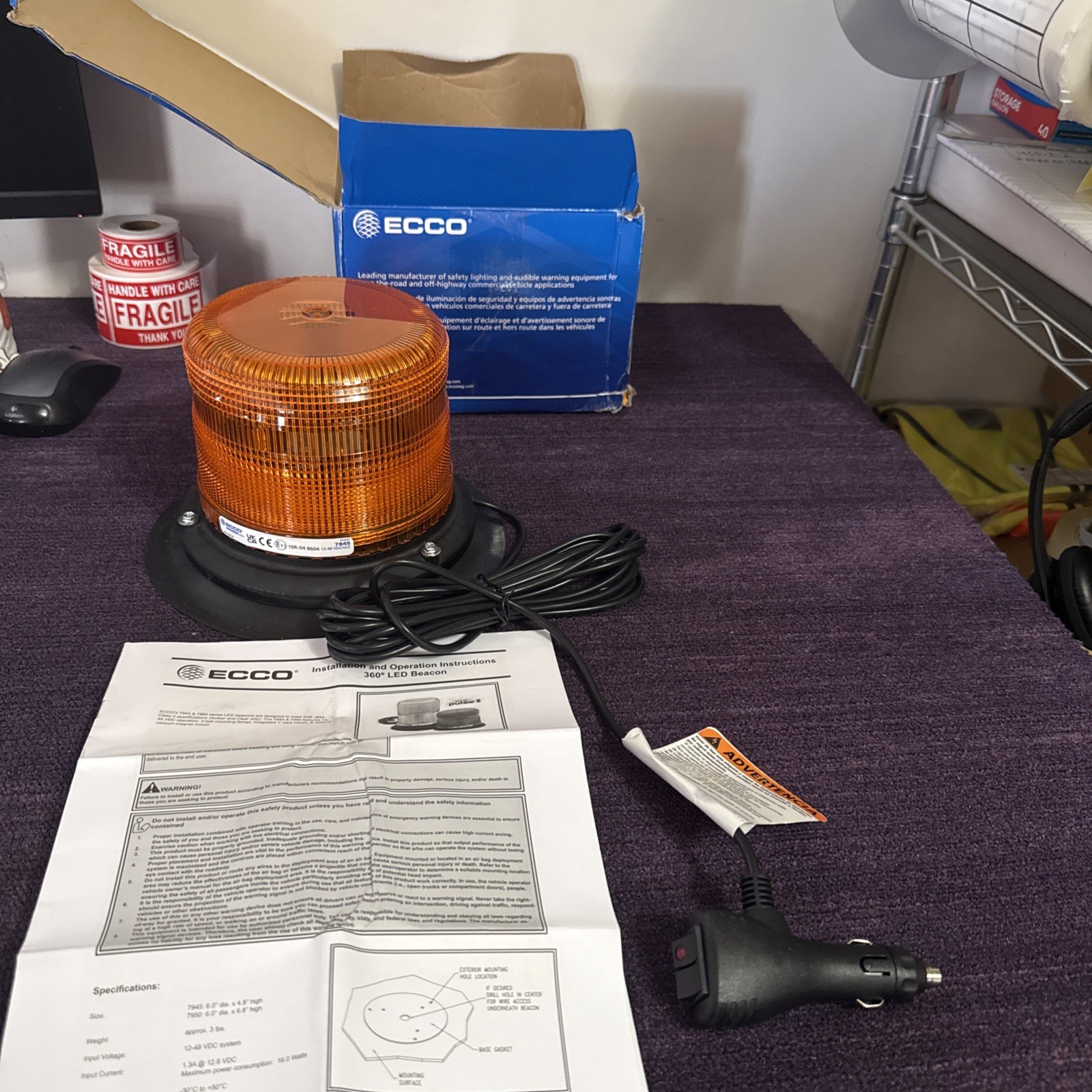 ECCO Pulse II Amber LED Beacon Light (Model 7945A-VM-WWG) New In The Box