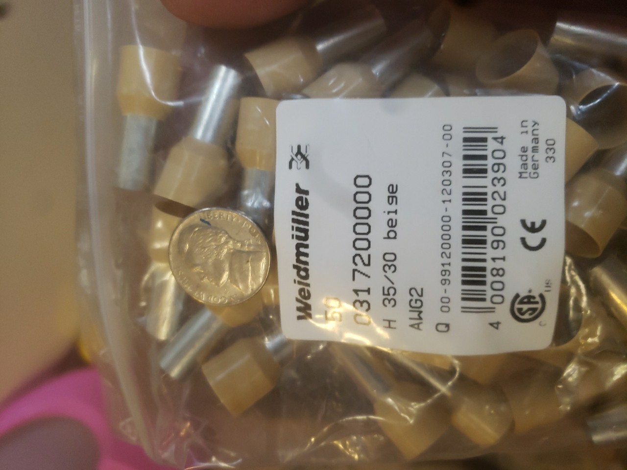 Lot of 50 WEIDMULLER 2AWG INSULATED FERRULE H 35.0/30 INS BEIGE 0317200000
