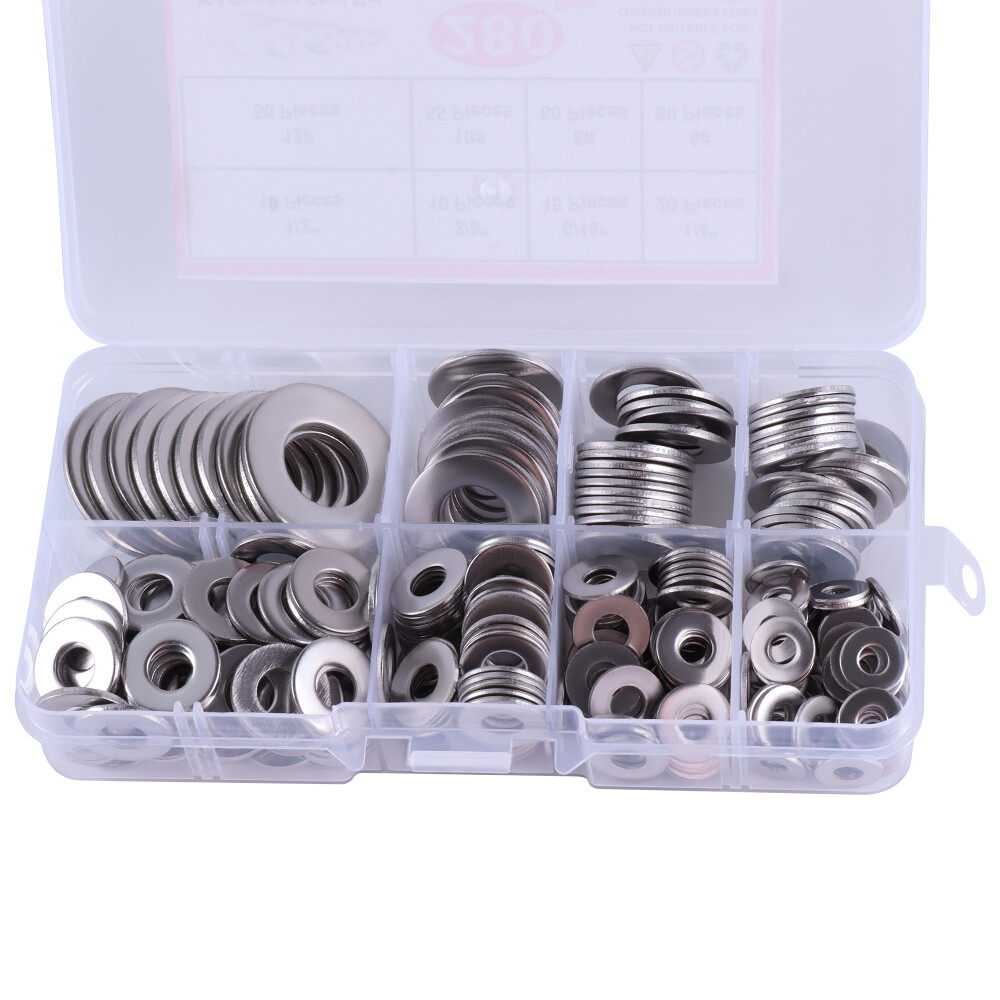 280PCS Flat Washers Assortment 8 Sizes 1/2 3/8 5/16 1/4 12# 10# 8# 6# Kits