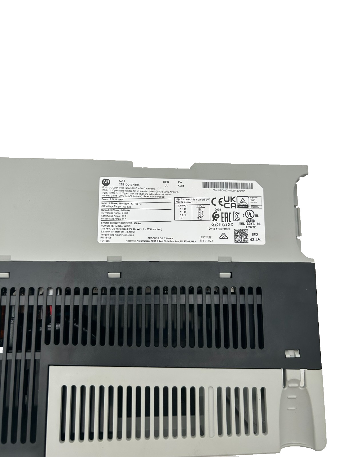 Allen-Bradley 25B-D017N104 PowerFlex 525 AC Variable Frequency Drive 7.5kW 10HP