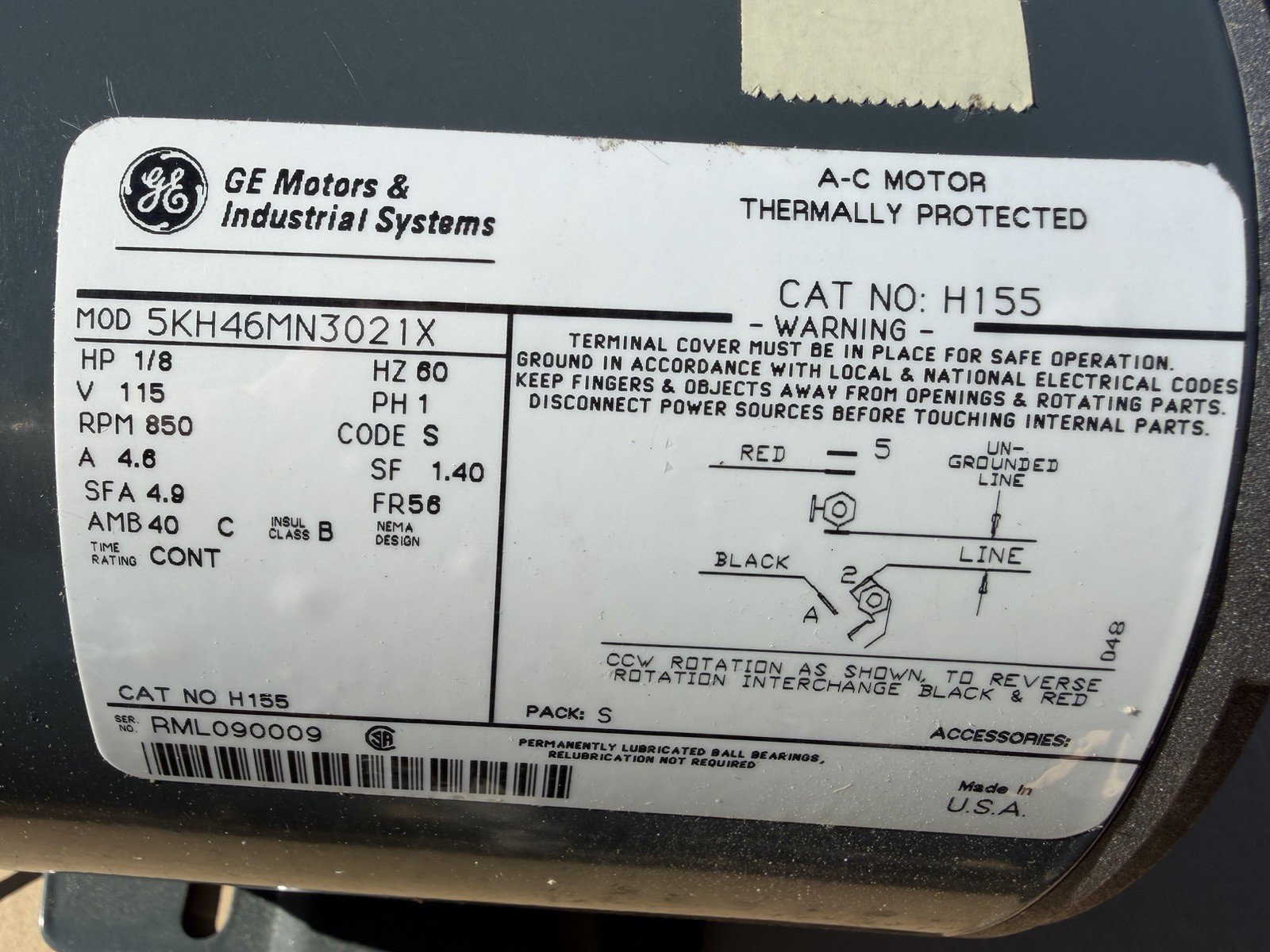 1/8 H.P. 115volt Electric Motor 850 RPM 5/8 Shaft #H155
