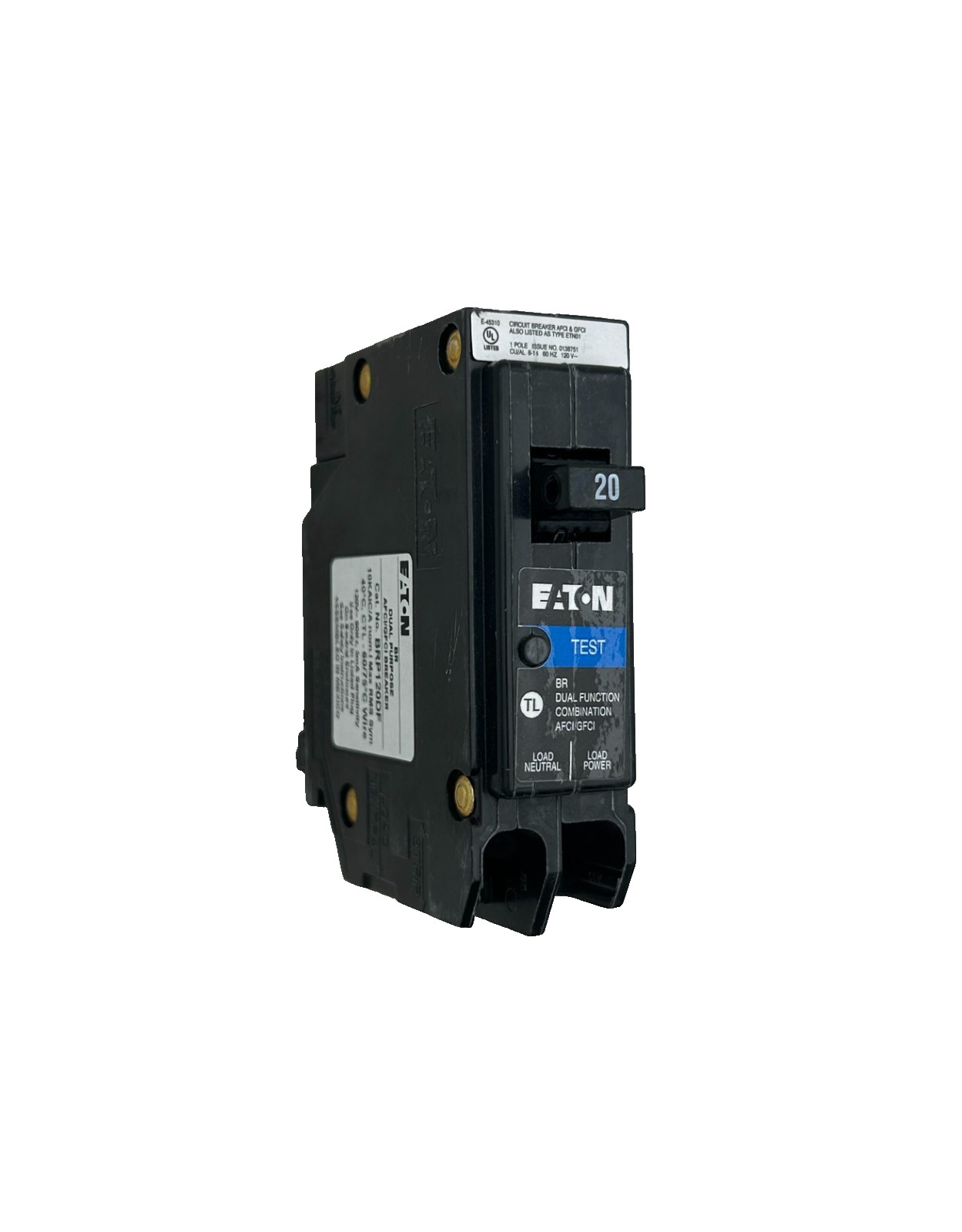 Used Eaton BRP120DF Dual Purpose AFCI/GFCI Circuit Breaker 20A 1-Pole 120V