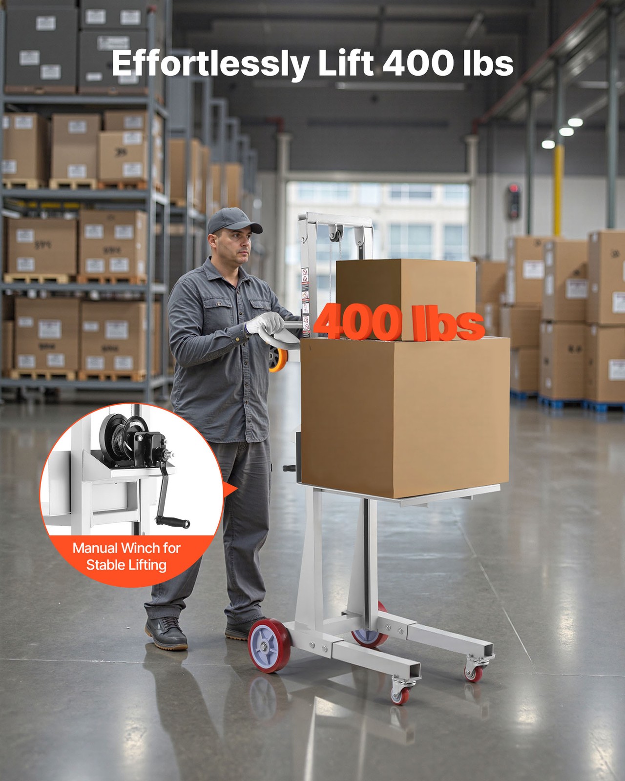VEVOR Material Lift Winch Stacker 400 lbs Pallet Truck Dolly 51.1 in Max Lift