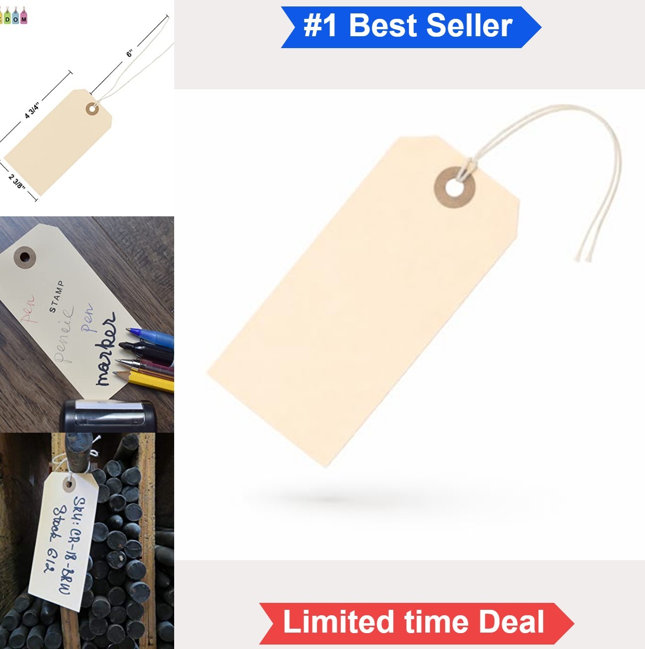 Hang Tags with String 100 Pack 4.75 x 2.375 Inch Manila Paper Label Tag with