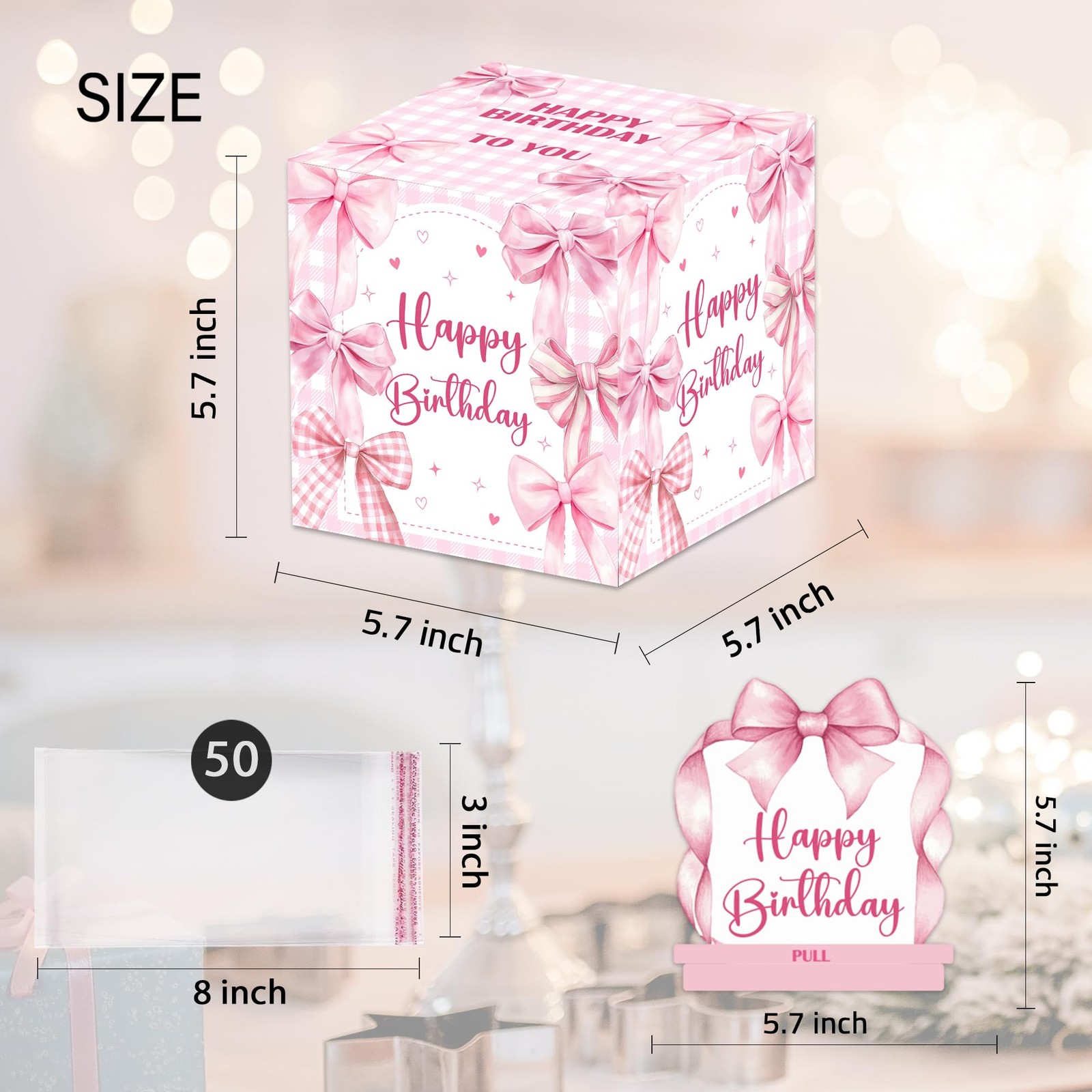 1 Set Pink Bow Birthday Money Box For Cash Pull Out Card 50PCS Bags Gift