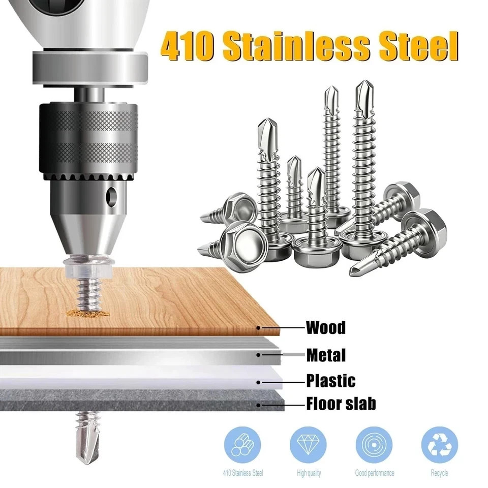 210Pcs ＃8×1″ Self Tapping Screws for Metal,410 Stainless Steel,Metal Screws Self