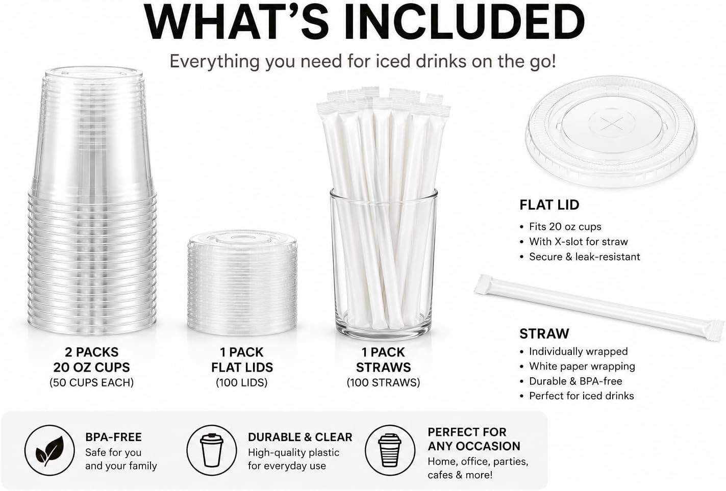 100 Pack Plastic Iced Coffee Cold Cups w/ Lids and Straws, To-Go Disposable