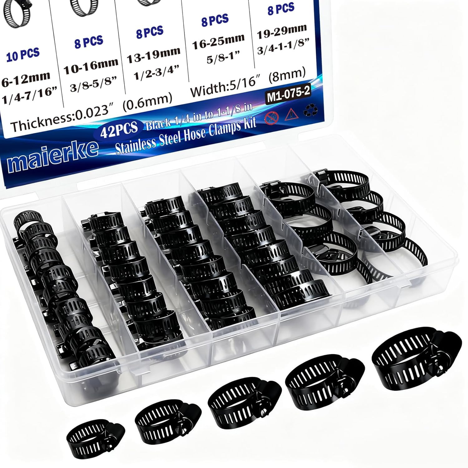 42pc Black Stainless Steel Hose Clamps Assortment Kit 1/4 to 1-1/8 Adjustable