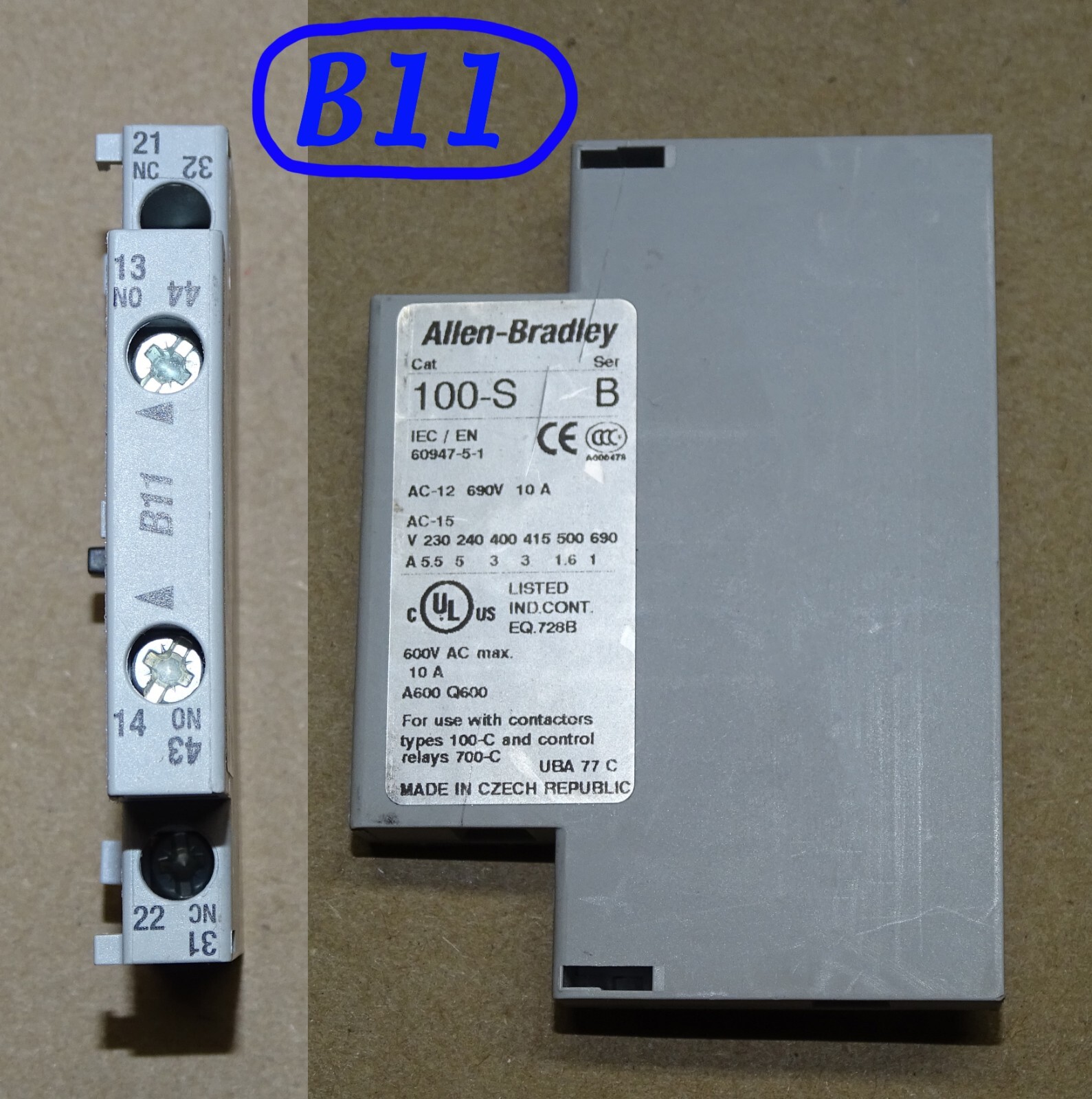 Allen Bradley 100-S Auxiliary Contact Block: A01, A10, A11, AL11, A20, B10, B11