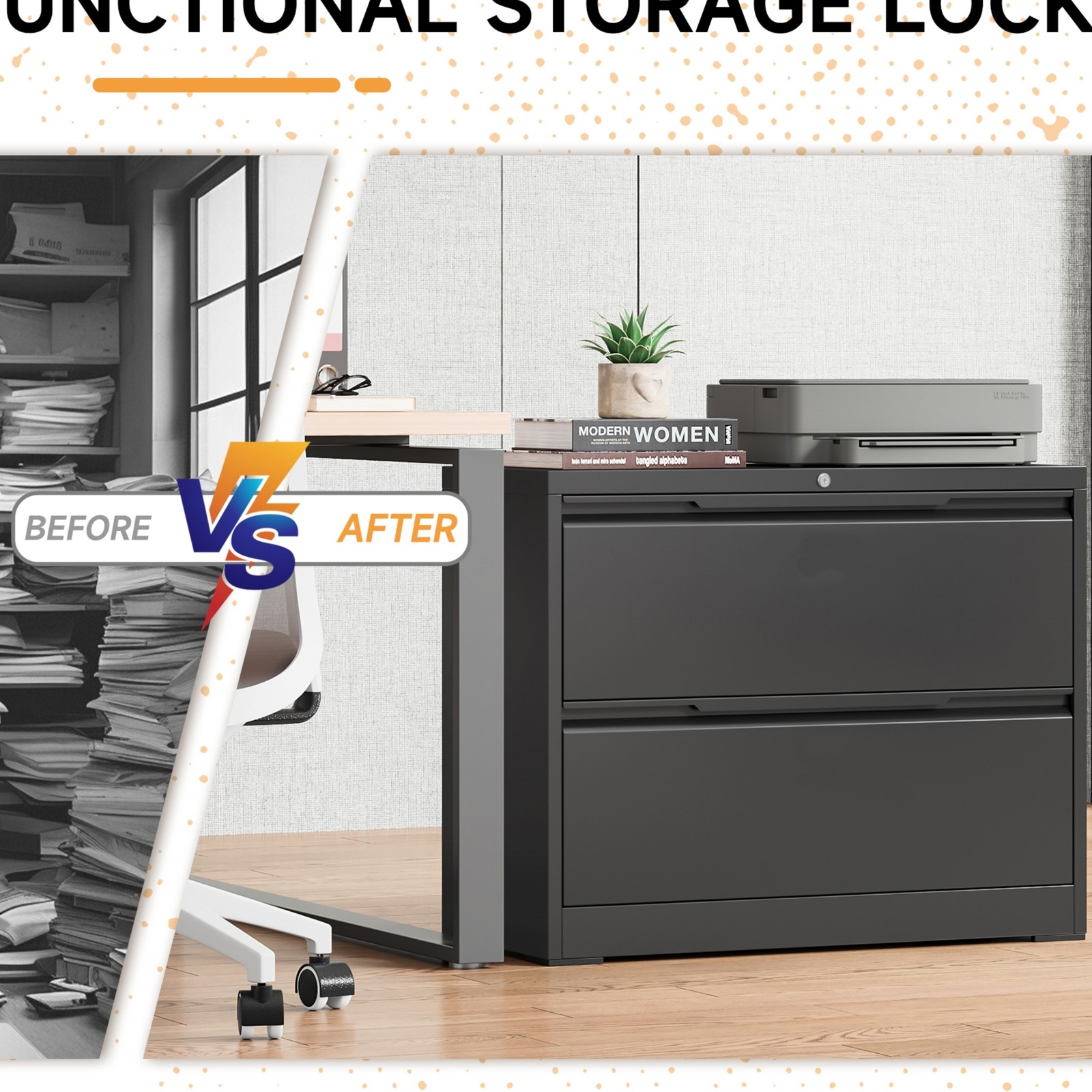 Metal Lateral Filing Cabinet with 2 Drawer Home Office Storage Cabinet Lockable
